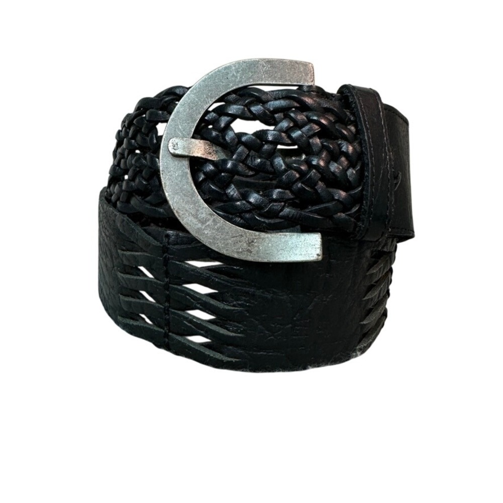 AD Black Braided Leather Belt Size 85 Wide Silver Horseshoe Buckle Boho